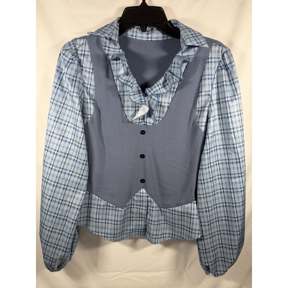 Blue White Plaid Ruffle Button-Up Long Sleeve Collared Blouse M